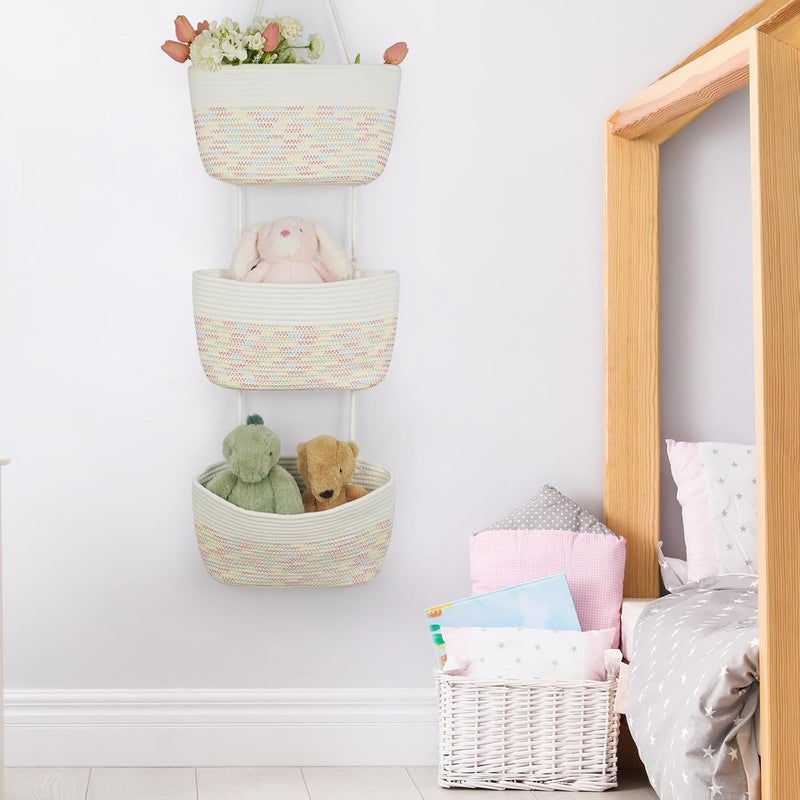 TeoKJ 3-Tier Woven Cotton Wall-Mounted Hanging Storage Baskets, Over the Door Organizer Bin for Kids Room, Bathroom, Bedroom, Kitchen, White & Rainbow Stitching - Image 5